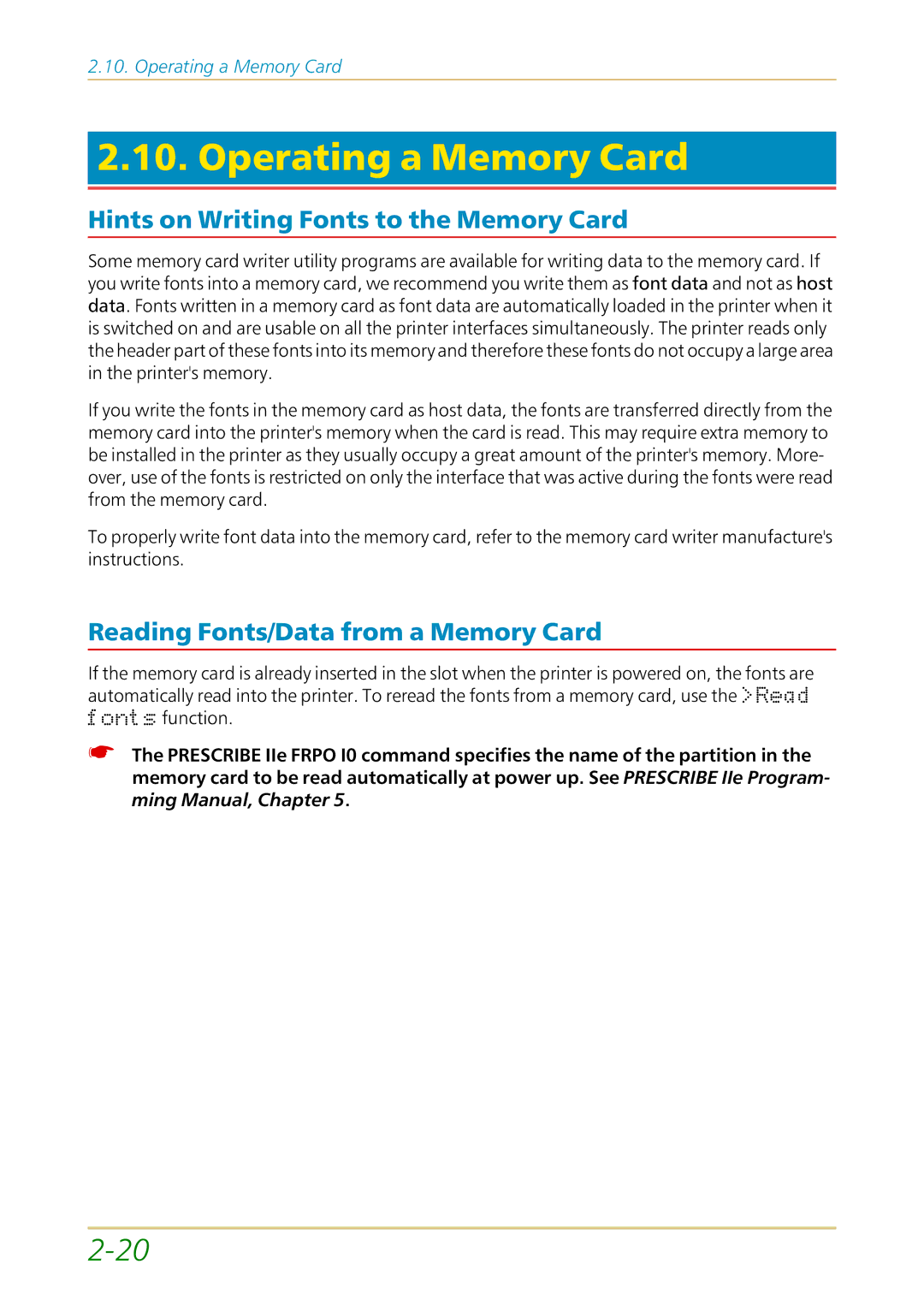 Kyocera FS-1700 Operating a Memory Card, Hints on Writing Fonts to the Memory Card, Reading Fonts/Data from a Memory Card 