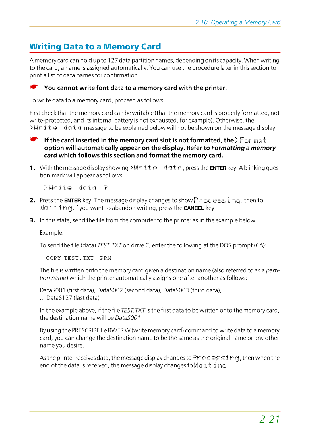 Kyocera FS-1700 user manual Writing Data to a Memory Card, Copy TEST.TXT PRN 