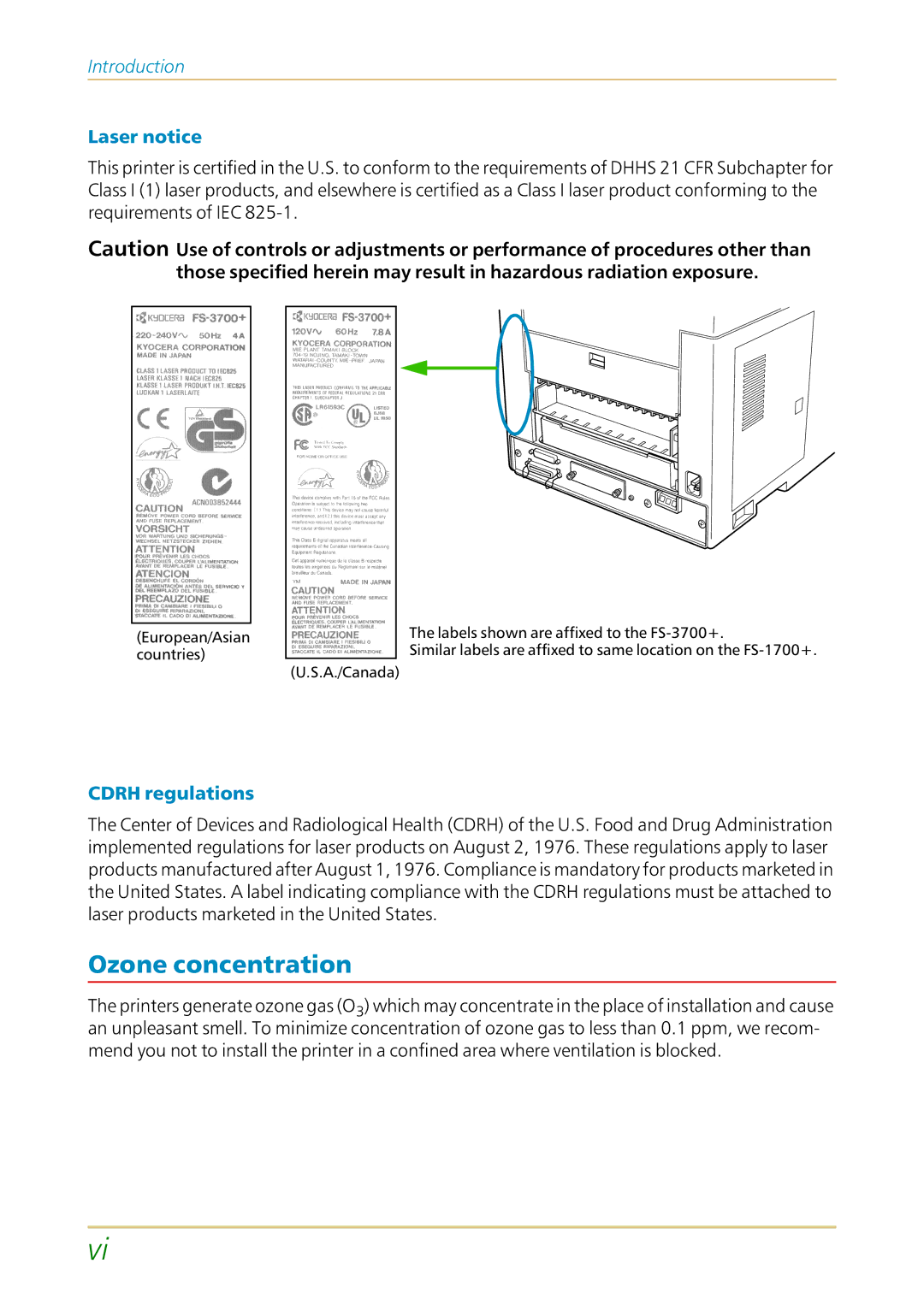 Kyocera FS-1700 user manual Ozone concentration, Laser notice, Cdrh regulations 