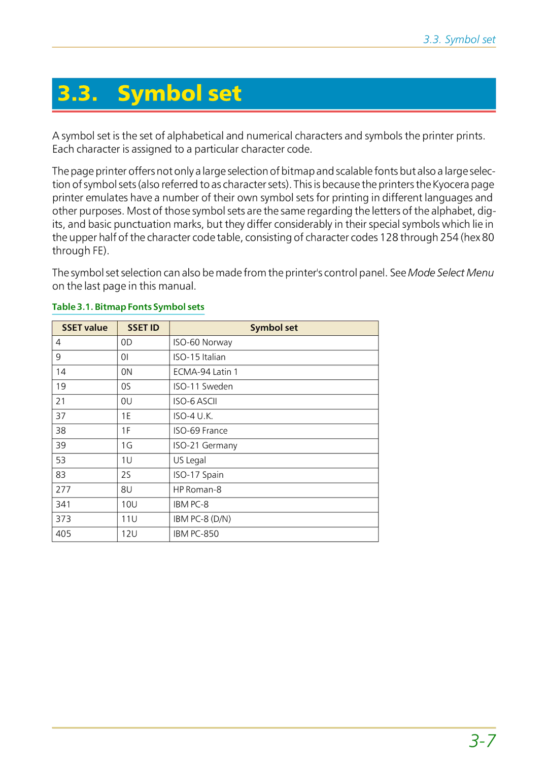 Kyocera FS-1700 user manual Symbol set, Sset value 