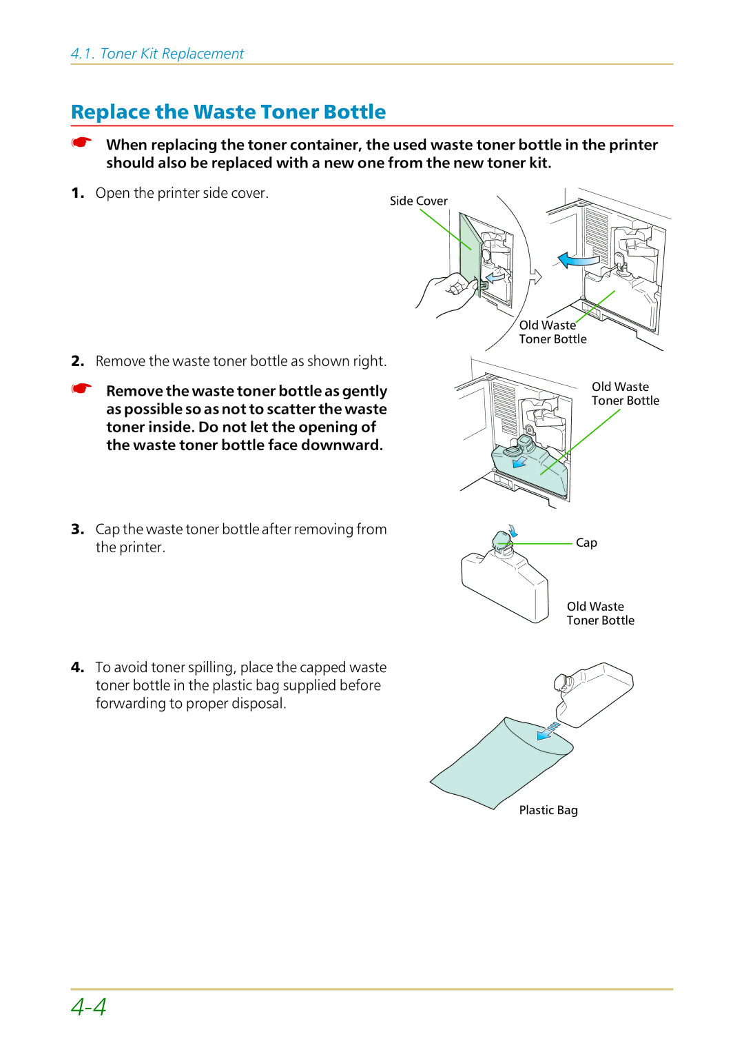 Kyocera FS-1700 user manual Replace the Waste Toner Bottle, Remove the waste toner bottle as shown right 