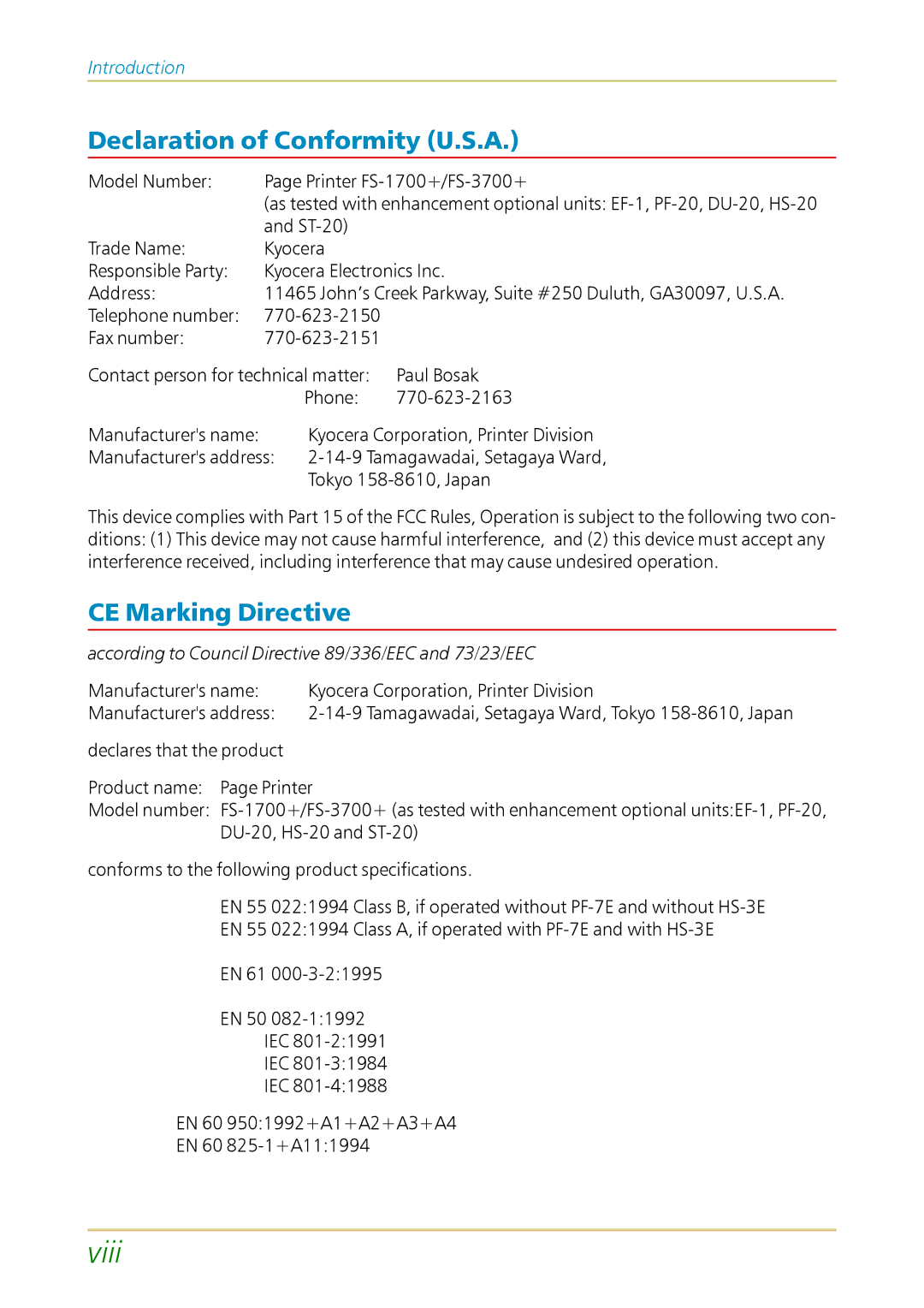 Kyocera FS-1700 user manual Viii 