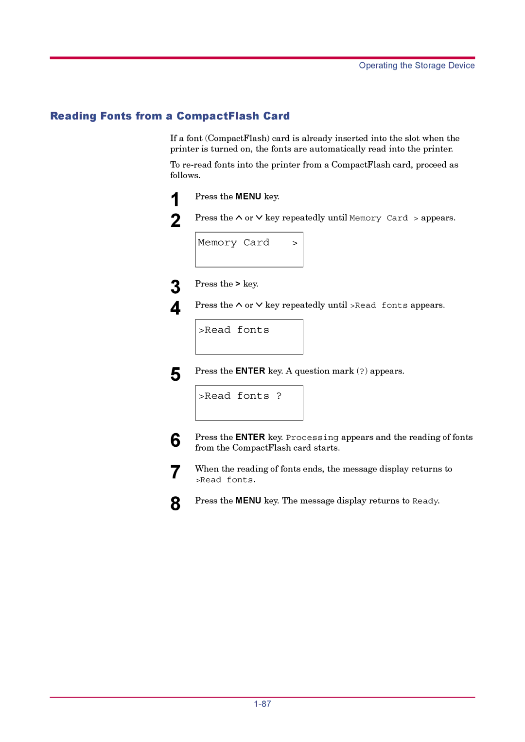 Kyocera FS-1900 manual Reading Fonts from a CompactFlash Card, Read fonts ? 