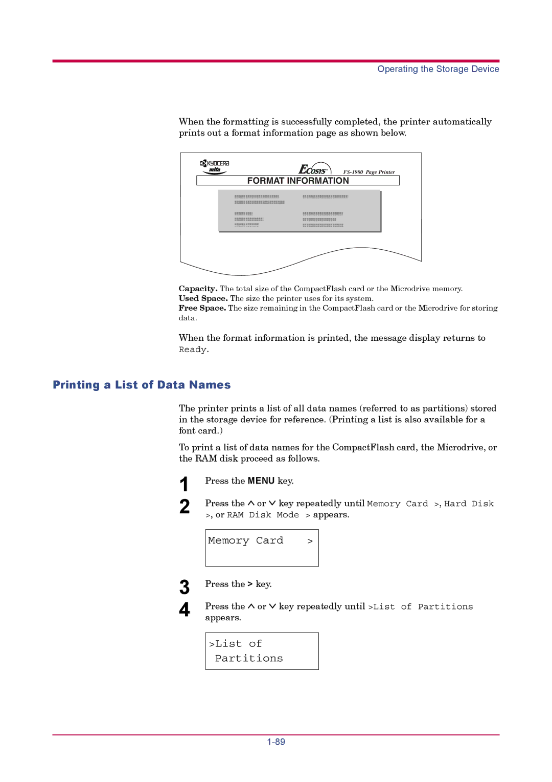 Kyocera FS-1900 manual Printing a List of Data Names, List Partitions 