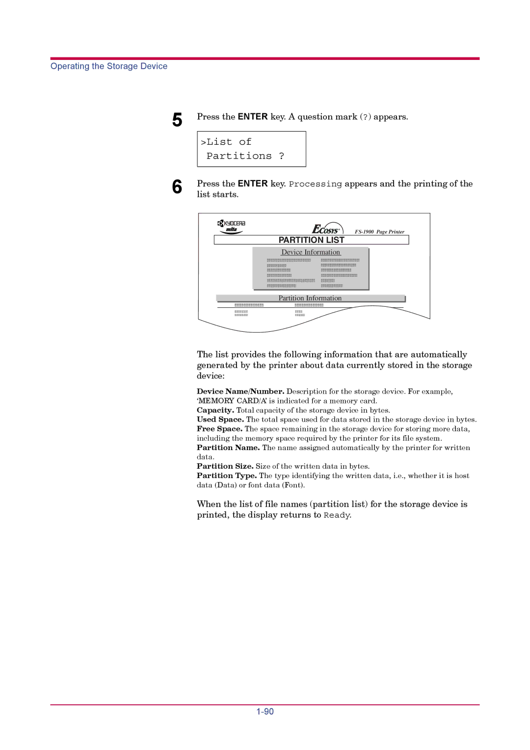 Kyocera FS-1900 manual List Partitions ?, Partition List 