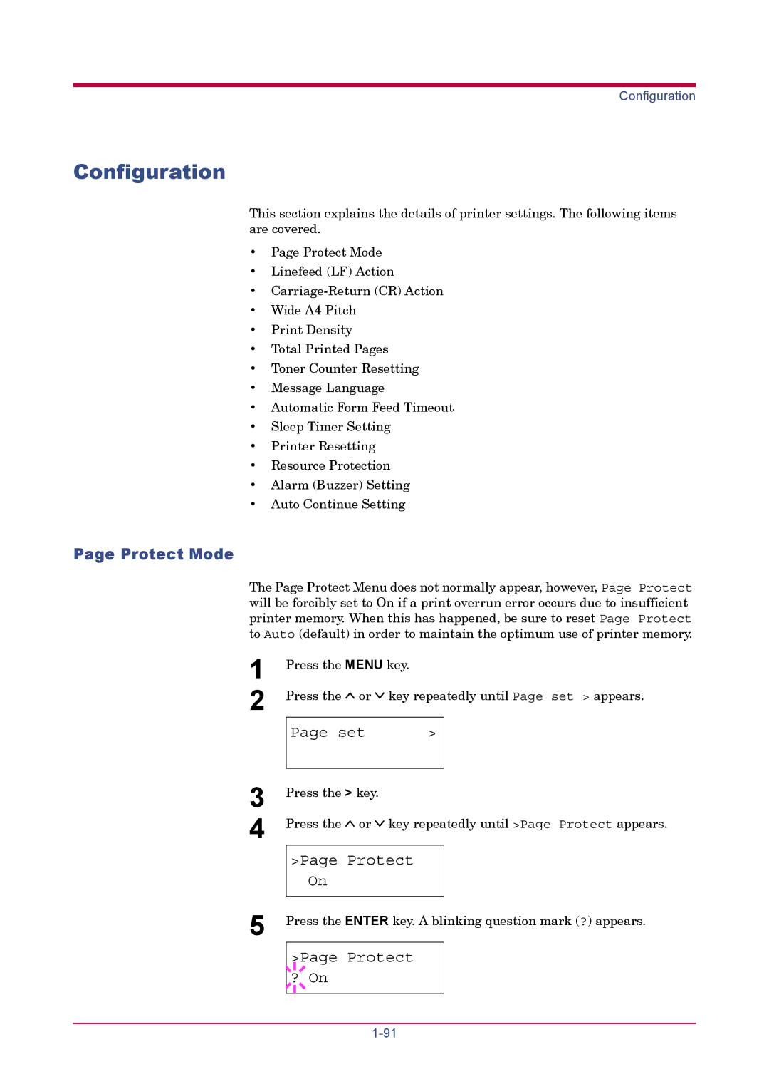 Kyocera FS-1900 manual Configuration, Protect Mode, Protect ? On 