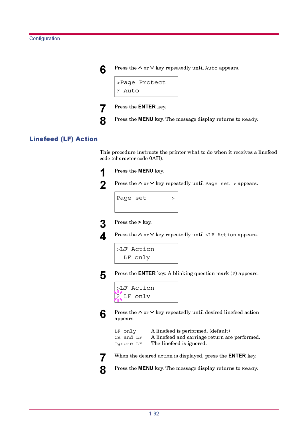Kyocera FS-1900 manual Protect ? Auto, Linefeed LF Action, LF Action LF only, LF Action ? LF only 