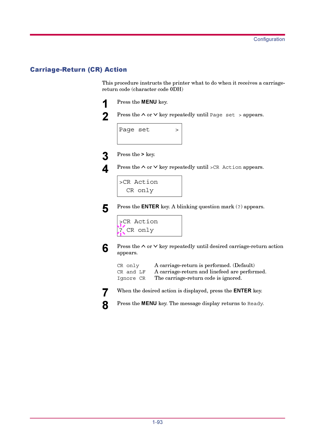 Kyocera FS-1900 manual Carriage-Return CR Action, CR Action CR only, CR Action ? CR only 