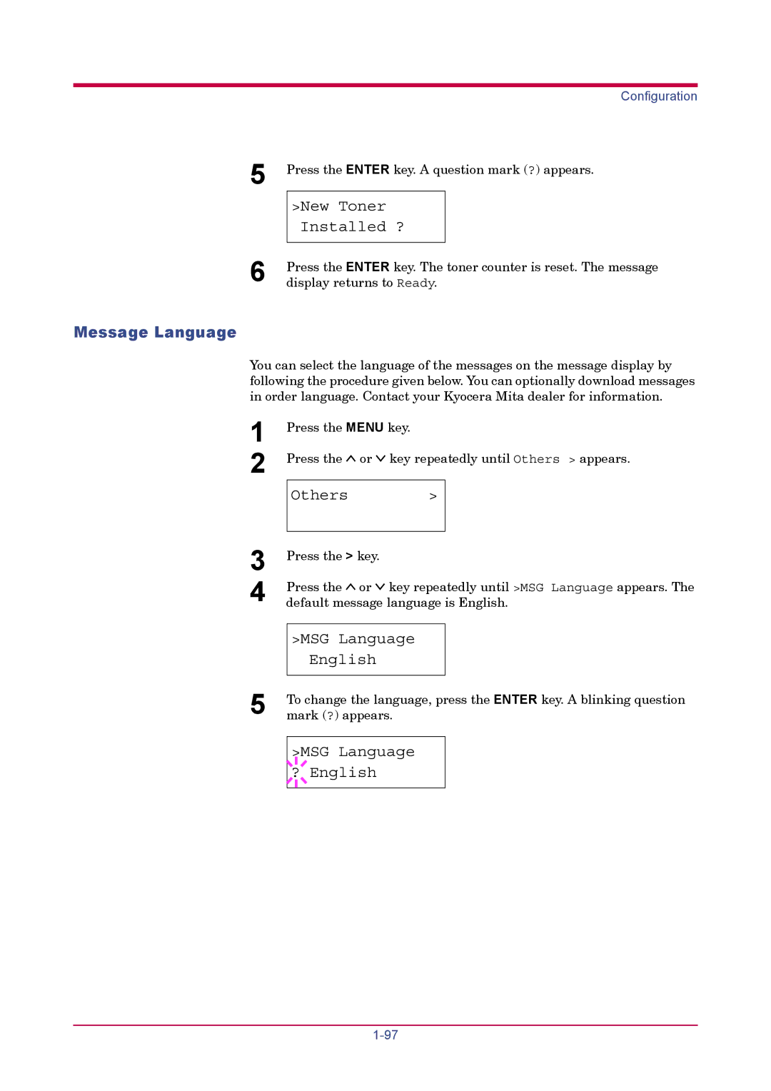 Kyocera FS-1900 manual New Toner Installed ?, Message Language, MSG Language English, MSG Language ? English 