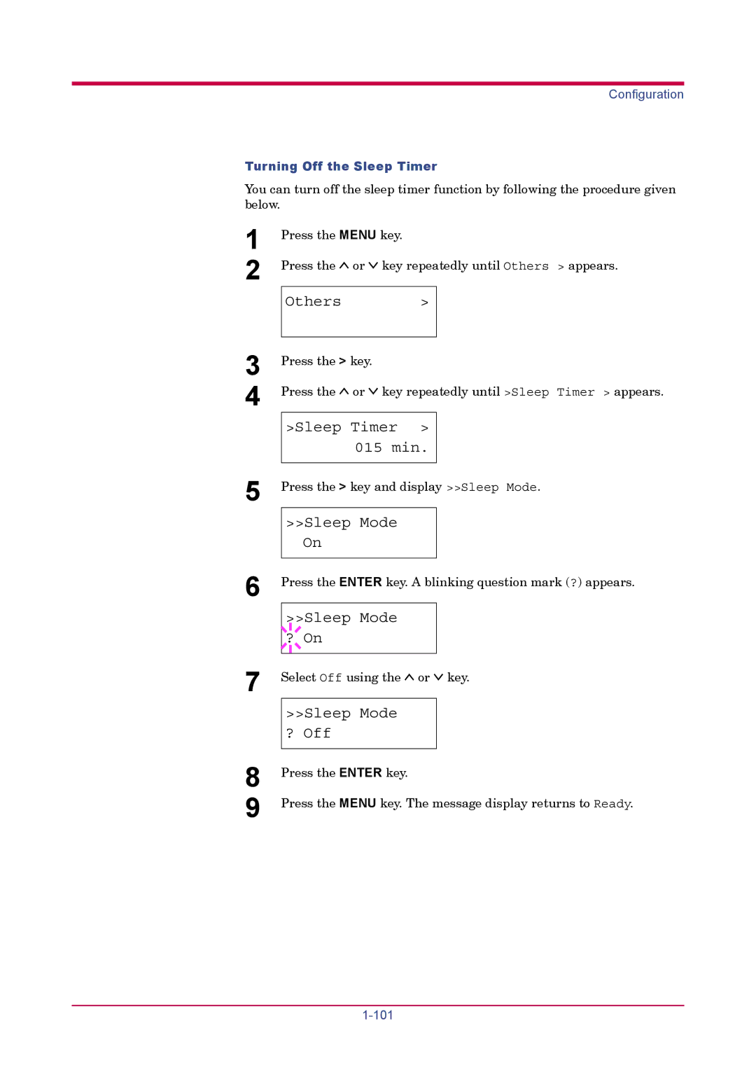 Kyocera FS-1900 manual Sleep Mode ? On, Sleep Mode ? Off, Turning Off the Sleep Timer 