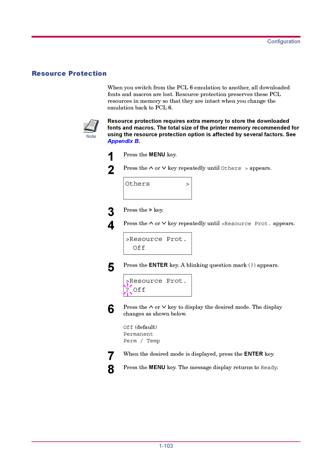 Kyocera FS-1900 manual Resource Protection, Resource Prot Off, Resource Prot ? Off 