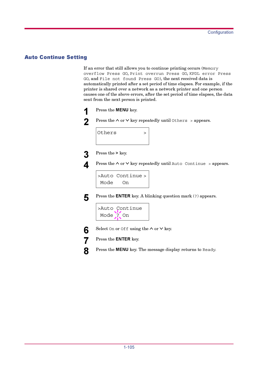 Kyocera FS-1900 manual Auto Continue Setting, Auto Continue Mode On, Auto Continue Mode ? On 