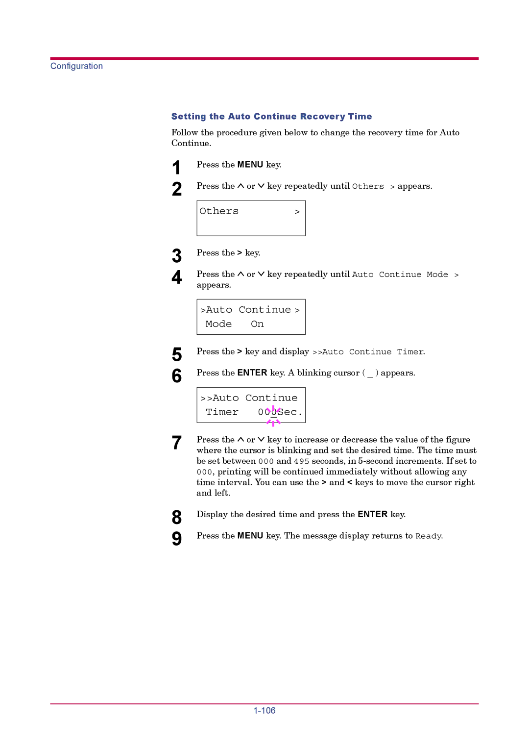 Kyocera FS-1900 manual Auto Continue Timer, Setting the Auto Continue Recovery Time 