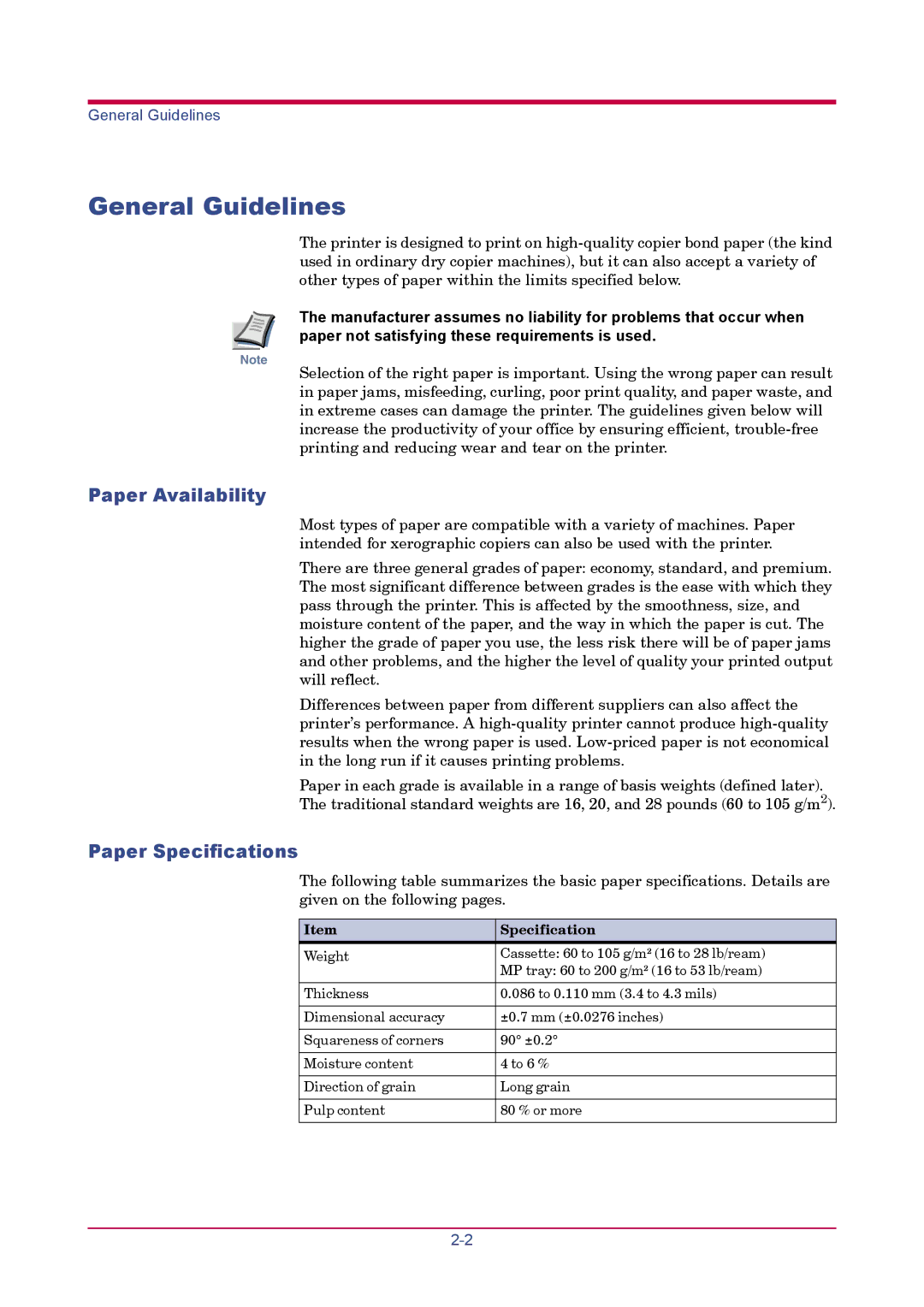 Kyocera FS-1900 manual General Guidelines, Paper Availability, Paper Specifications 