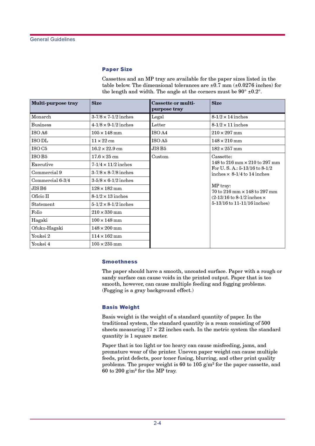 Kyocera FS-1900 manual Paper Size, Smoothness, Basis Weight, Multi-purpose tray Size Cassette or multi Purpose tray 