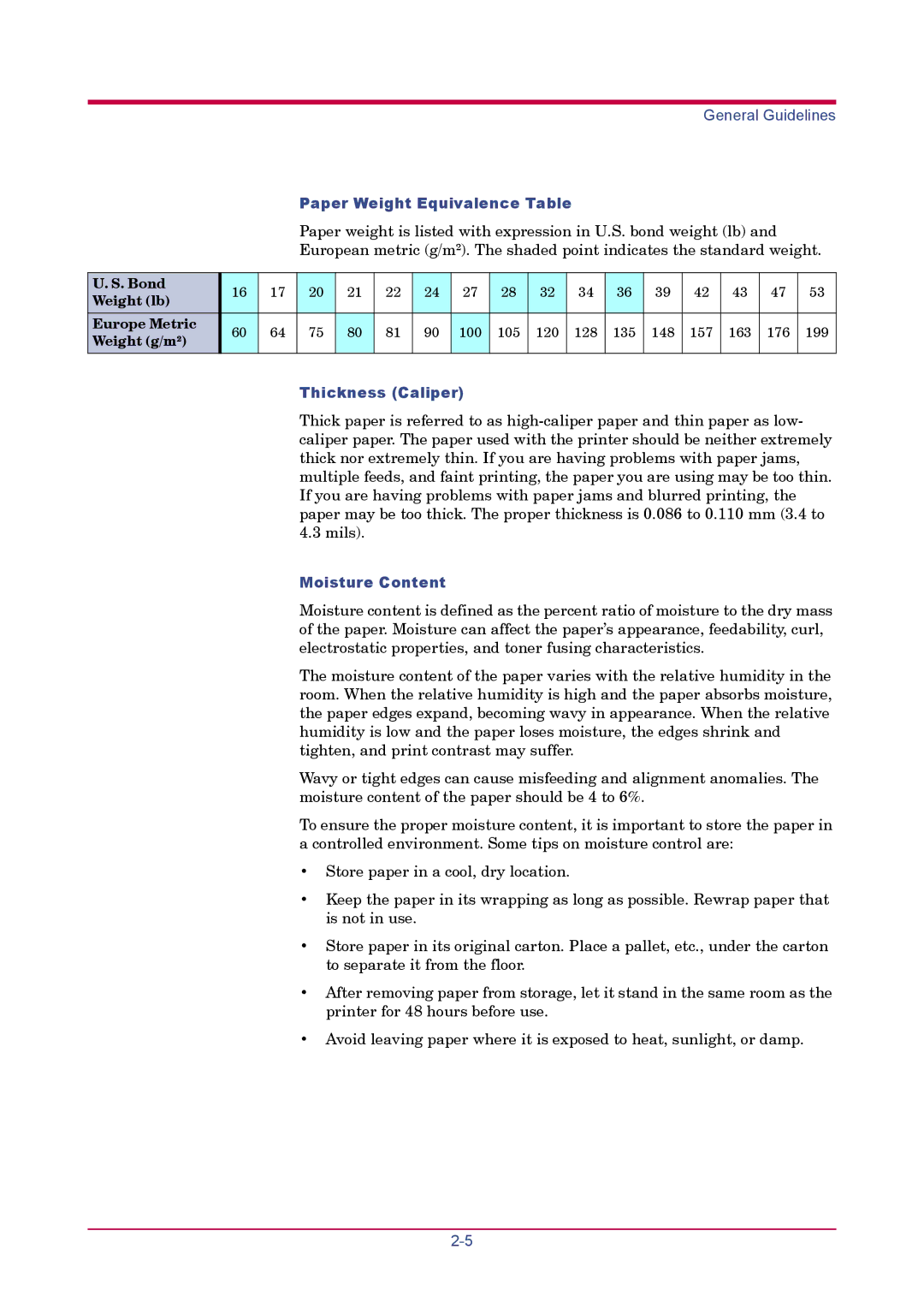 Kyocera FS-1900 manual Paper Weight Equivalence Table, Thickness Caliper, Moisture Content, Bond Weight lb Europe Metric 