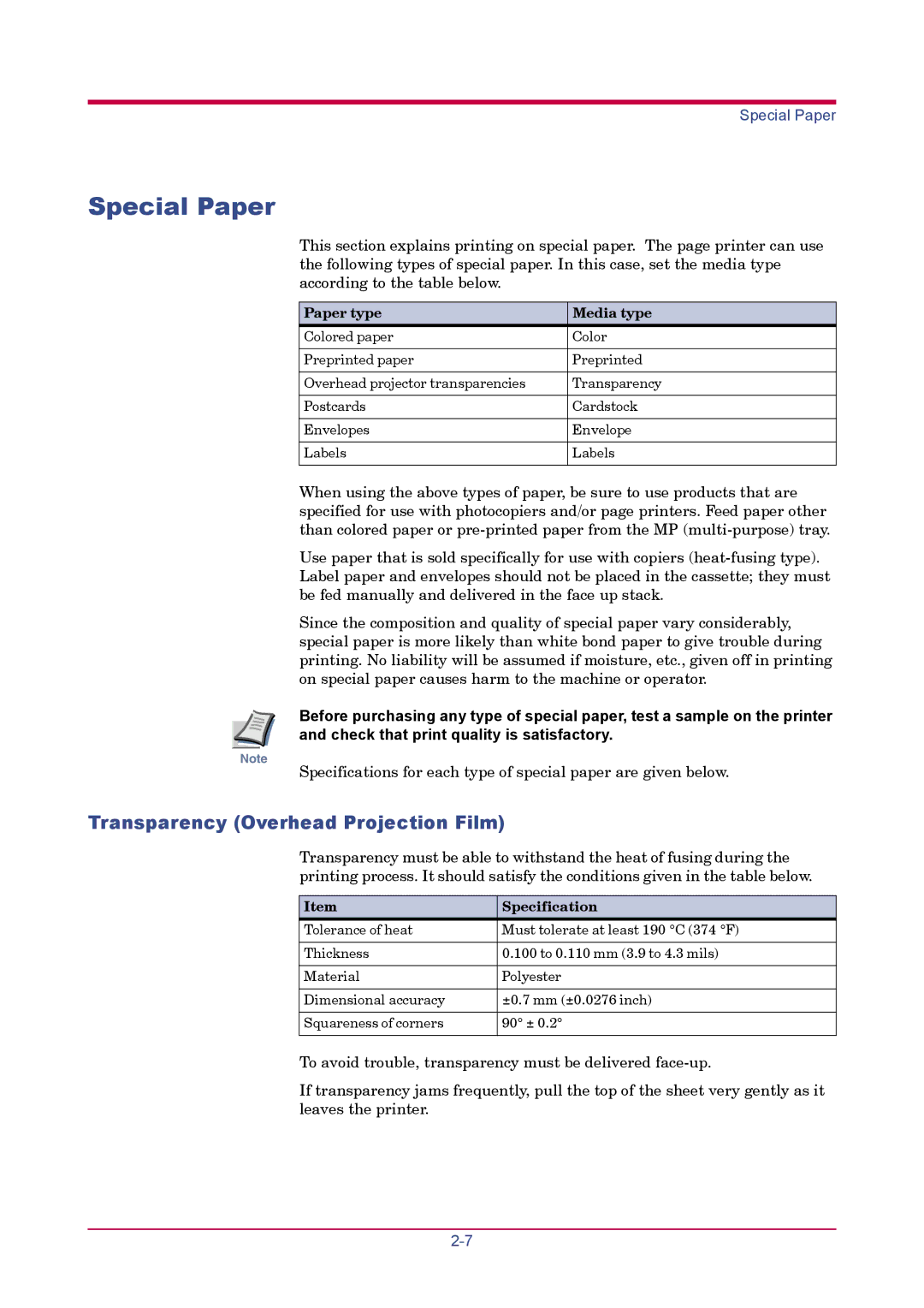 Kyocera FS-1900 manual Special Paper, Transparency Overhead Projection Film, Paper type Media type 