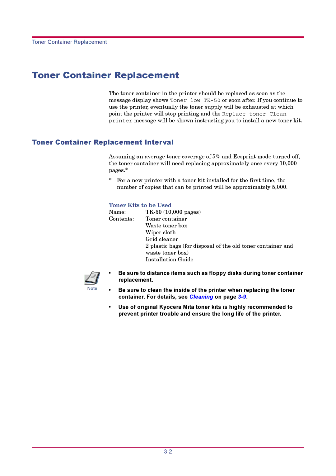 Kyocera FS-1900 manual Toner Container Replacement Interval 