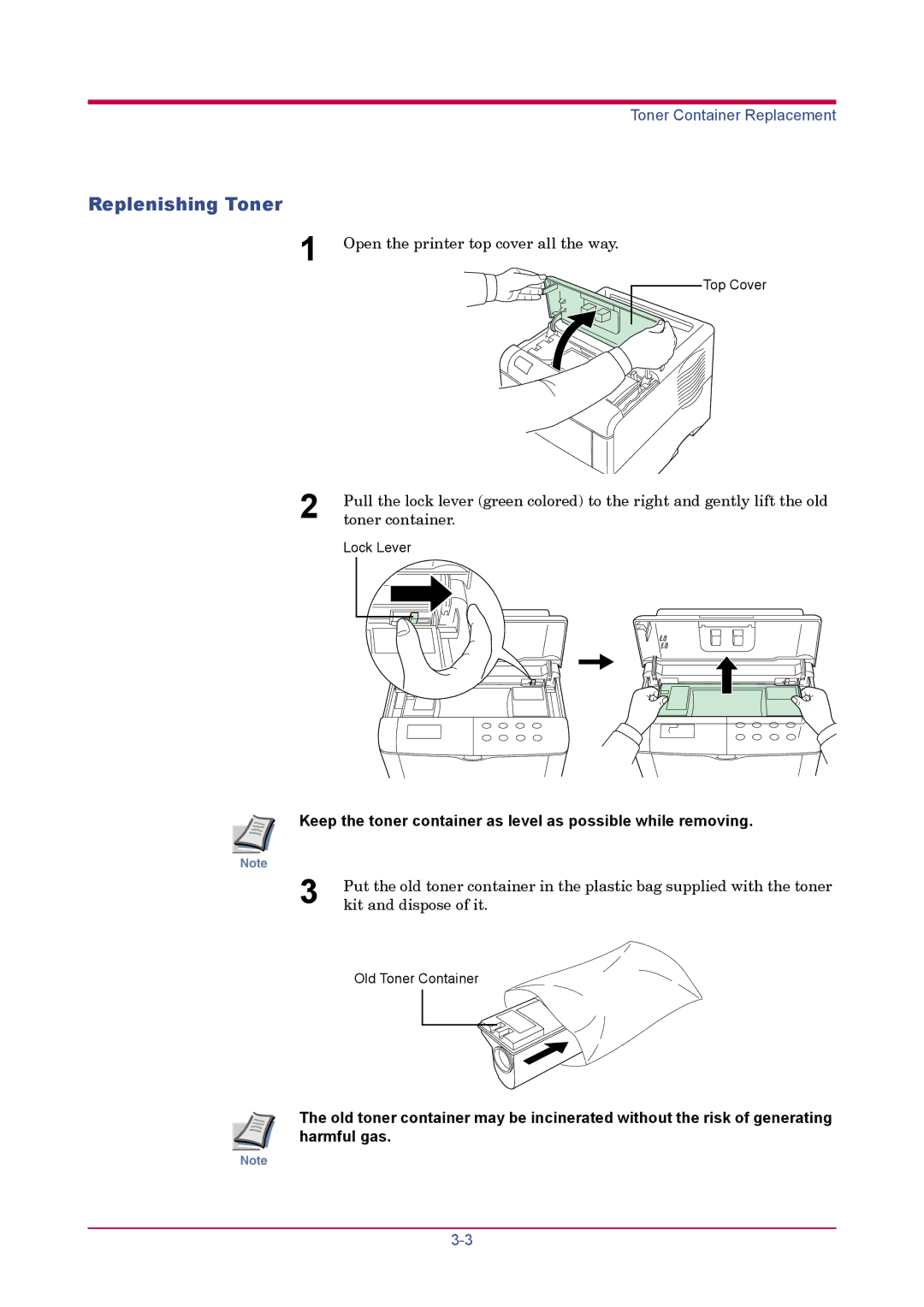 Kyocera FS-1900 manual Replenishing Toner, Keep the toner container as level as possible while removing 