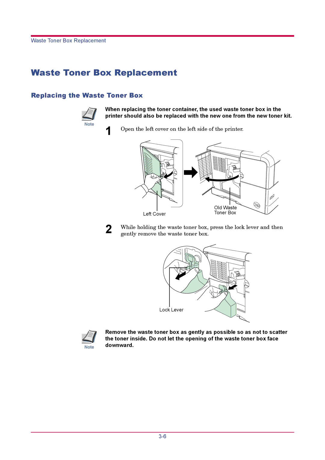 Kyocera FS-1900 manual Waste Toner Box Replacement, Replacing the Waste Toner Box 