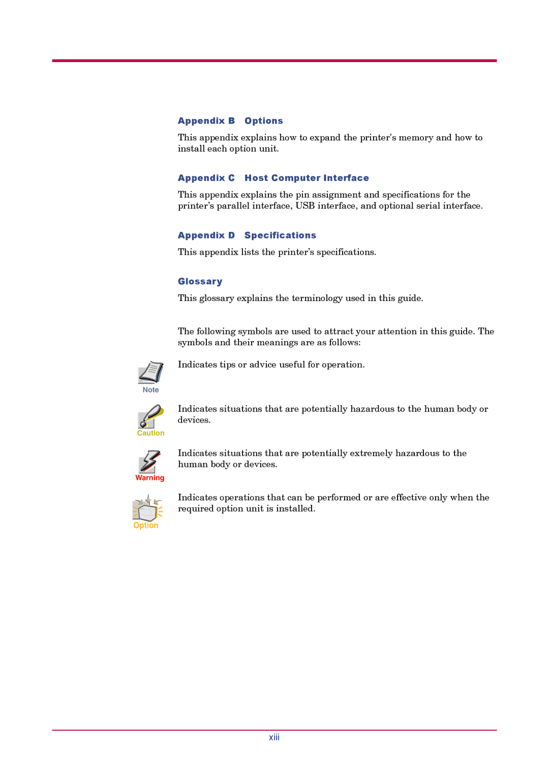 Kyocera FS-1900 manual Appendix B Options, Appendix C Host Computer Interface, Appendix D Specifications, Glossary 