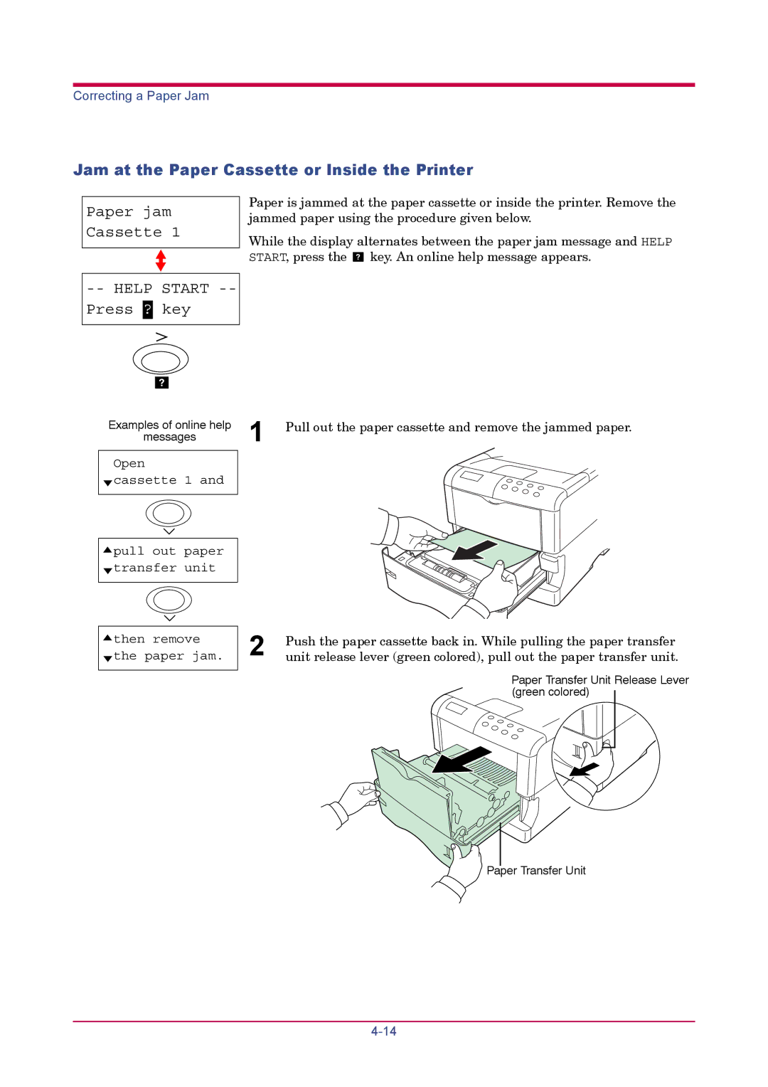 Kyocera FS-1900 manual Jam at the Paper Cassette or Inside the Printer, Paper jam Cassette, Help Start -- Press ? key 