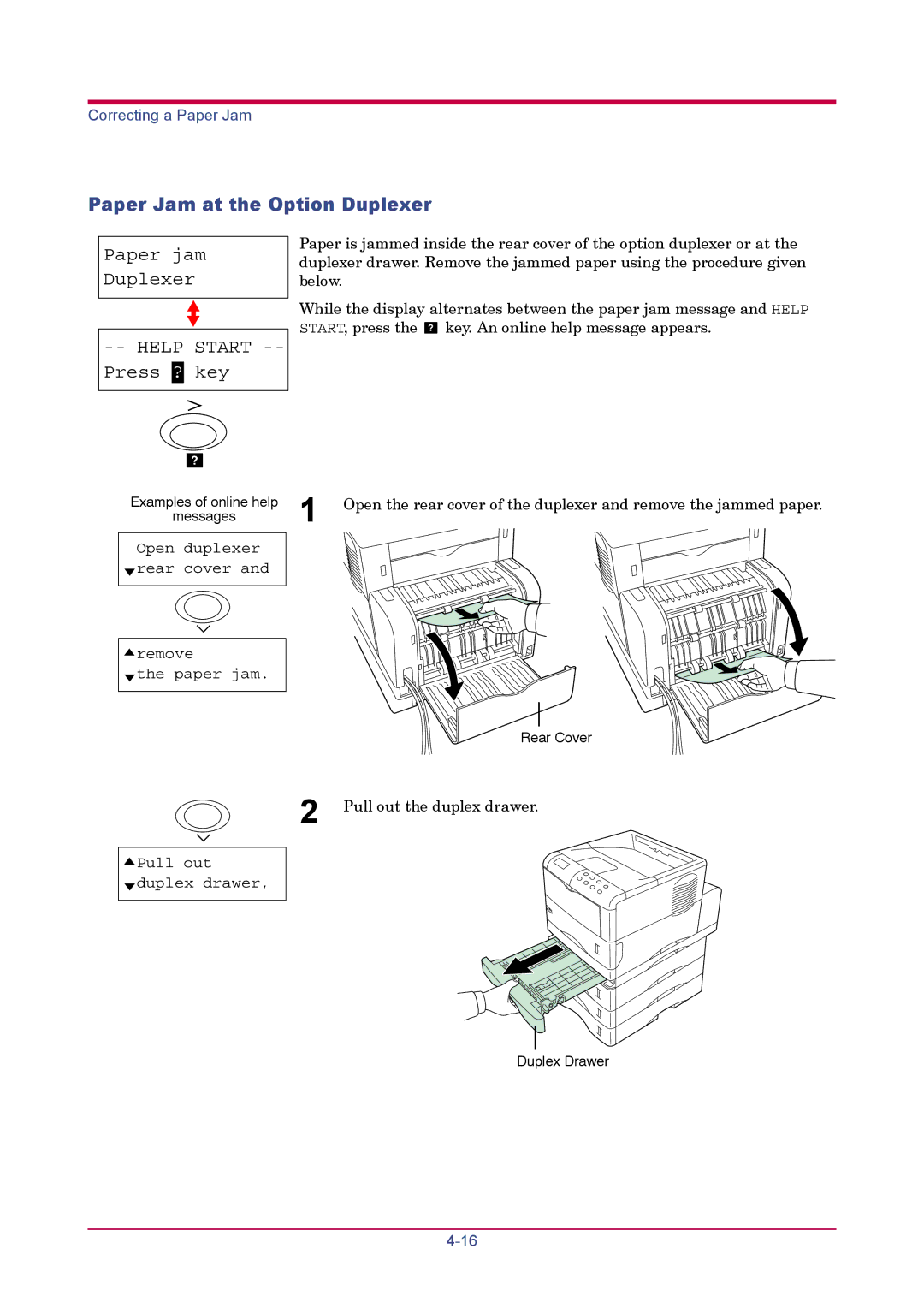 Kyocera FS-1900 manual Paper Jam at the Option Duplexer, Paper jam Duplexer Help Start -- Press ? key 