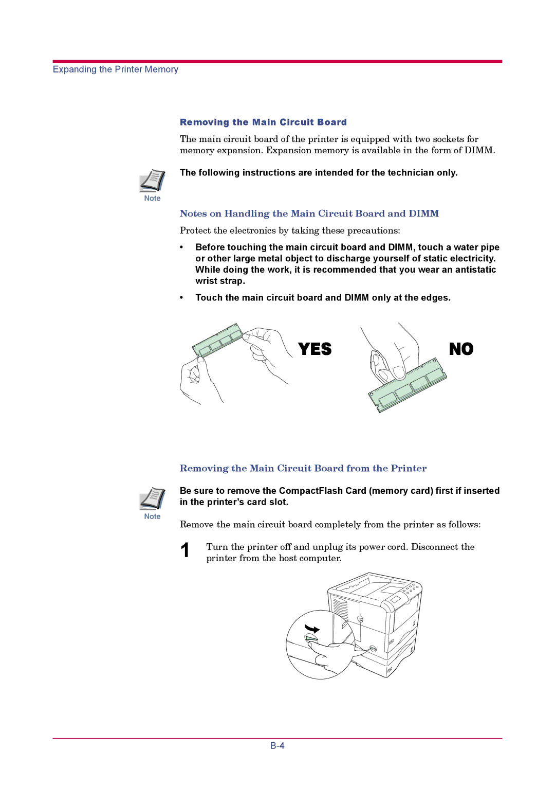 Kyocera FS-1900 manual Removing the Main Circuit Board, Following instructions are intended for the technician only 