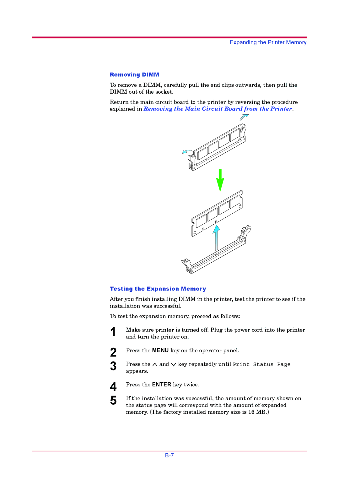 Kyocera FS-1900 manual Removing Dimm, Testing the Expansion Memory 