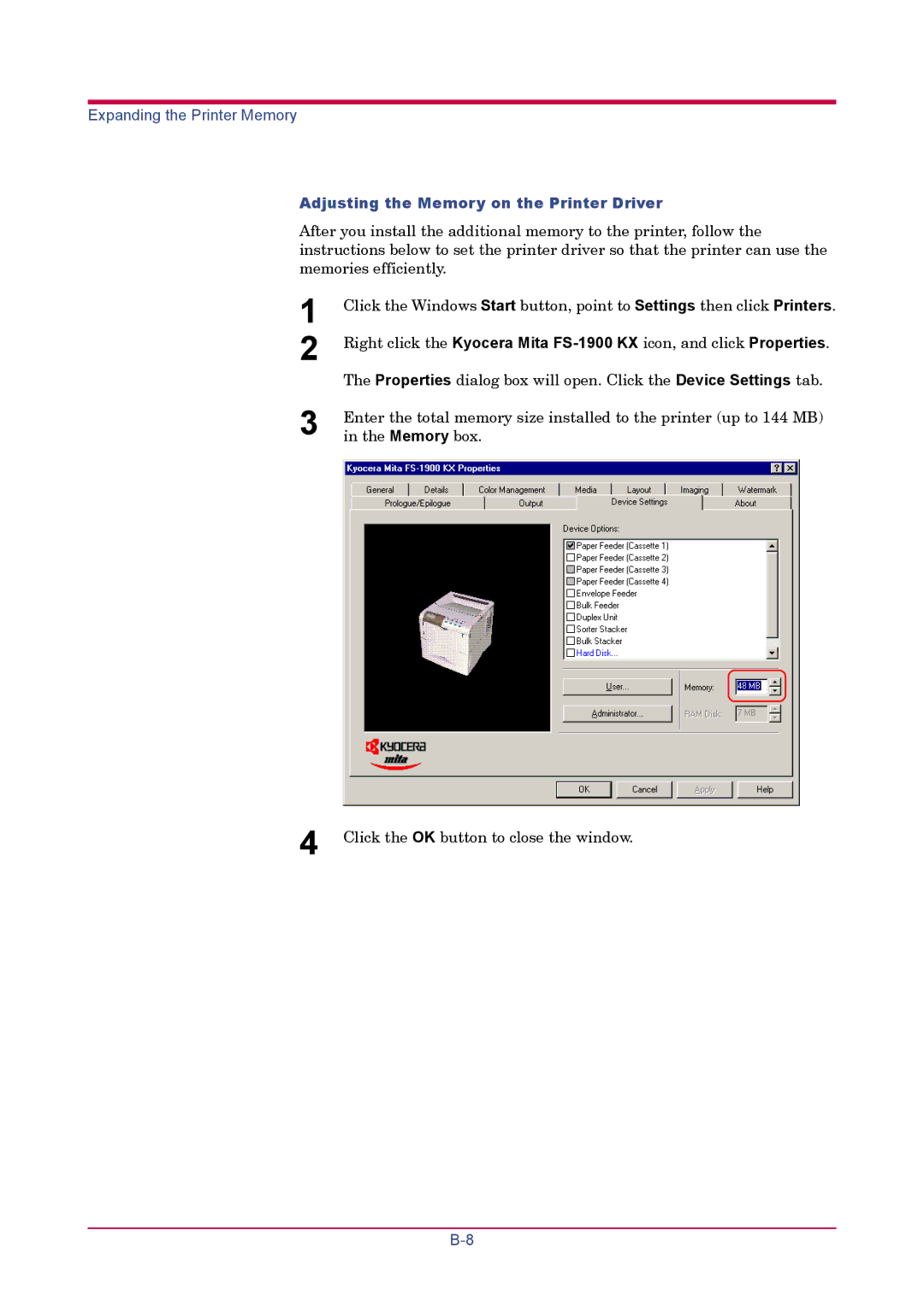 Kyocera FS-1900 manual Adjusting the Memory on the Printer Driver 
