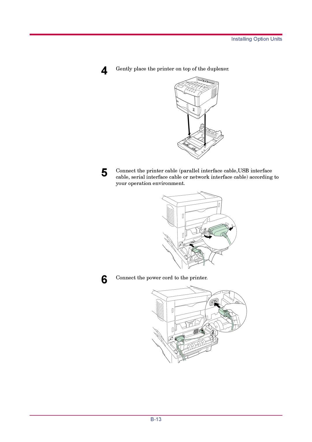 Kyocera FS-1900 manual Gently place the printer on top of the duplexer 