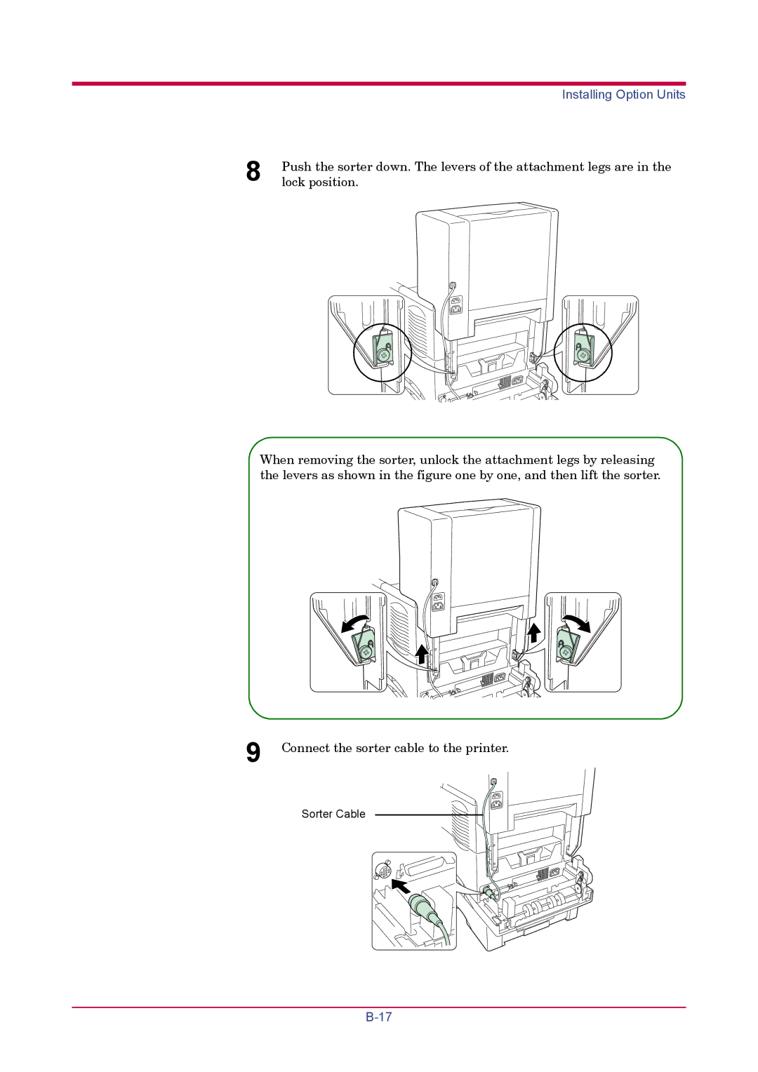 Kyocera FS-1900 manual Push the sorter down. The levers of the attachment legs are 