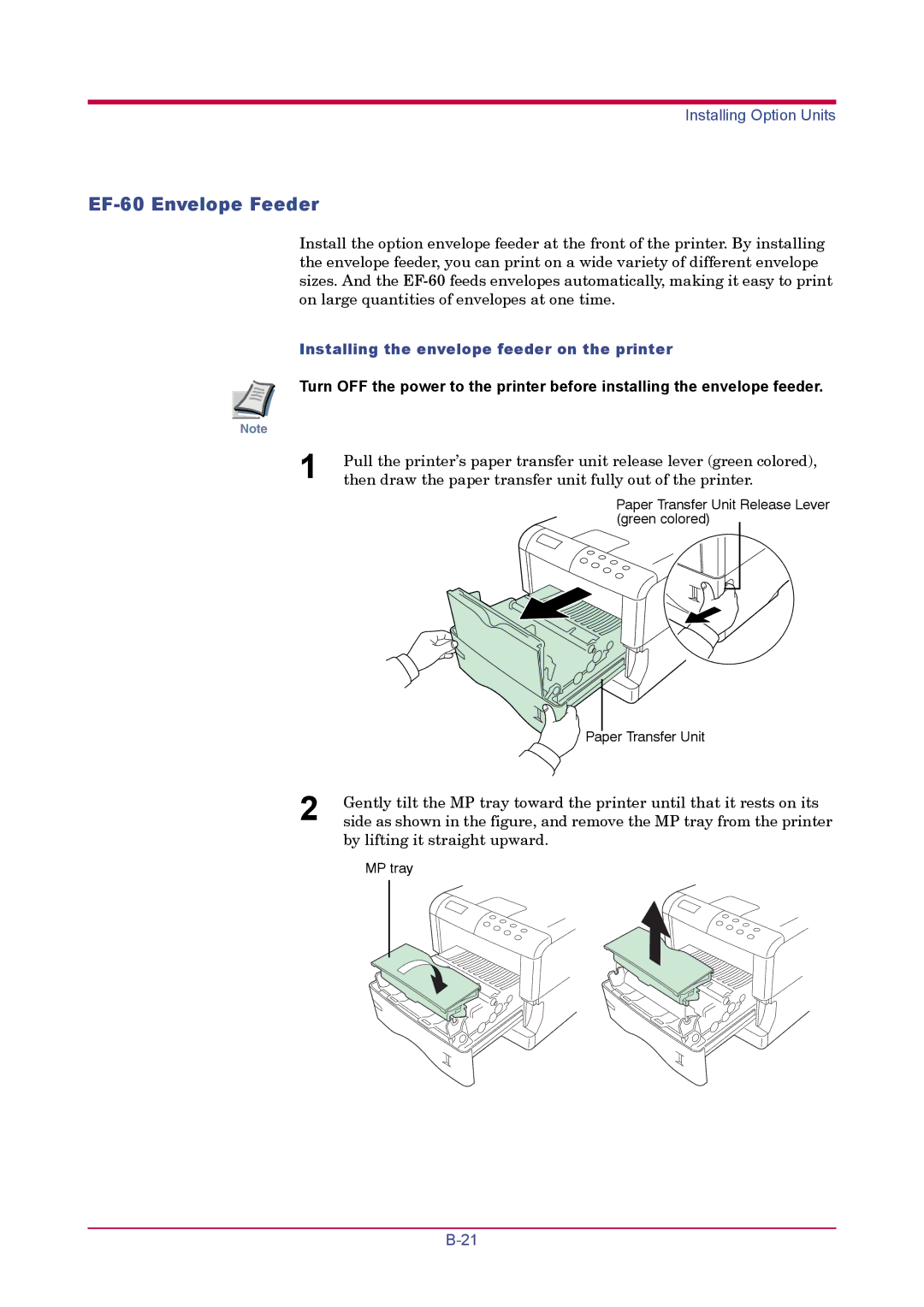 Kyocera FS-1900 manual EF-60 Envelope Feeder, Installing the envelope feeder on the printer 