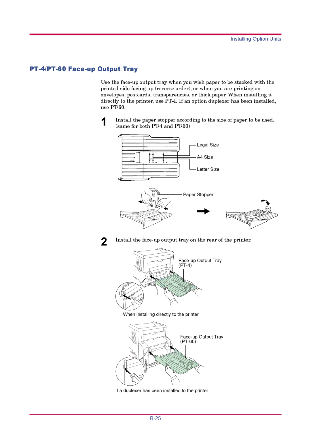 Kyocera FS-1900 manual PT-4/PT-60 Face-up Output Tray, Install the face-up output tray on the rear of the printer 