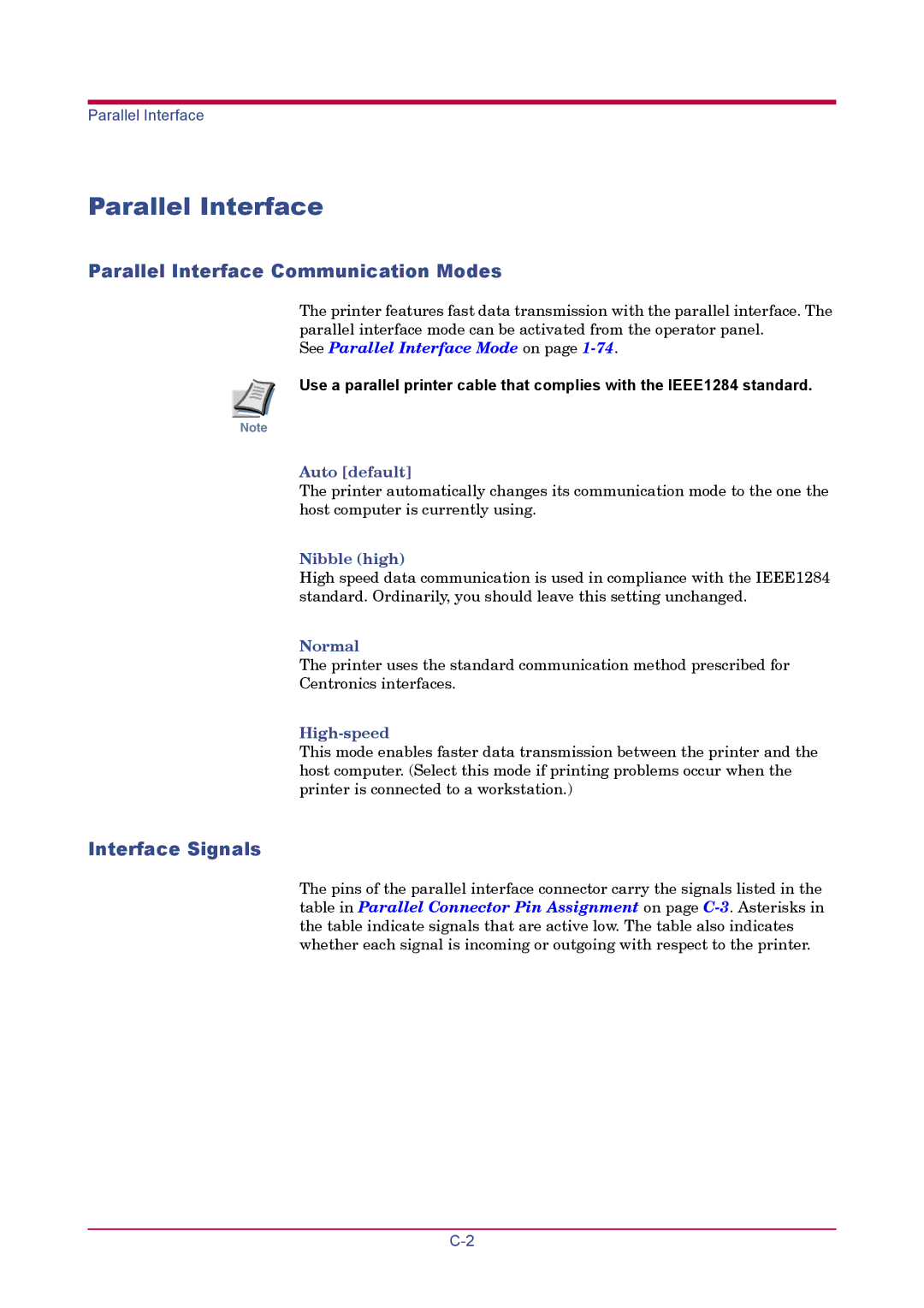 Kyocera FS-1900 manual Parallel Interface Communication Modes, Interface Signals 