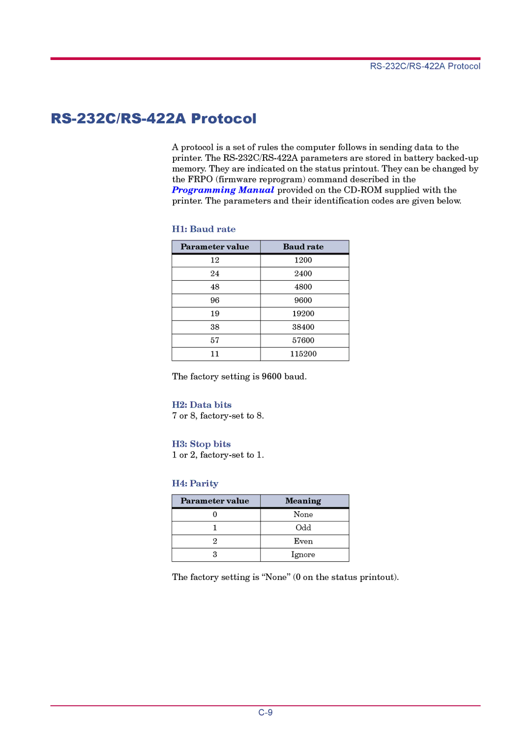 Kyocera FS-1900 manual RS-232C/RS-422A Protocol, Parameter value Baud rate, Parameter value Meaning 