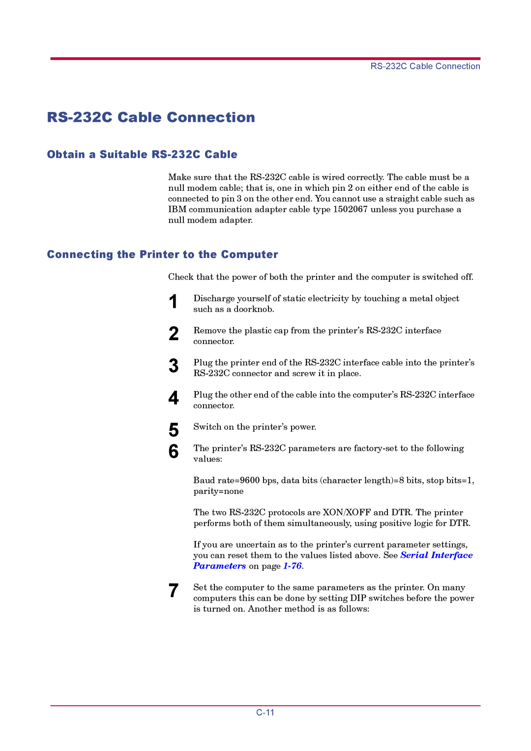 Kyocera FS-1900 manual RS-232C Cable Connection, Obtain a Suitable RS-232C Cable, Connecting the Printer to the Computer 