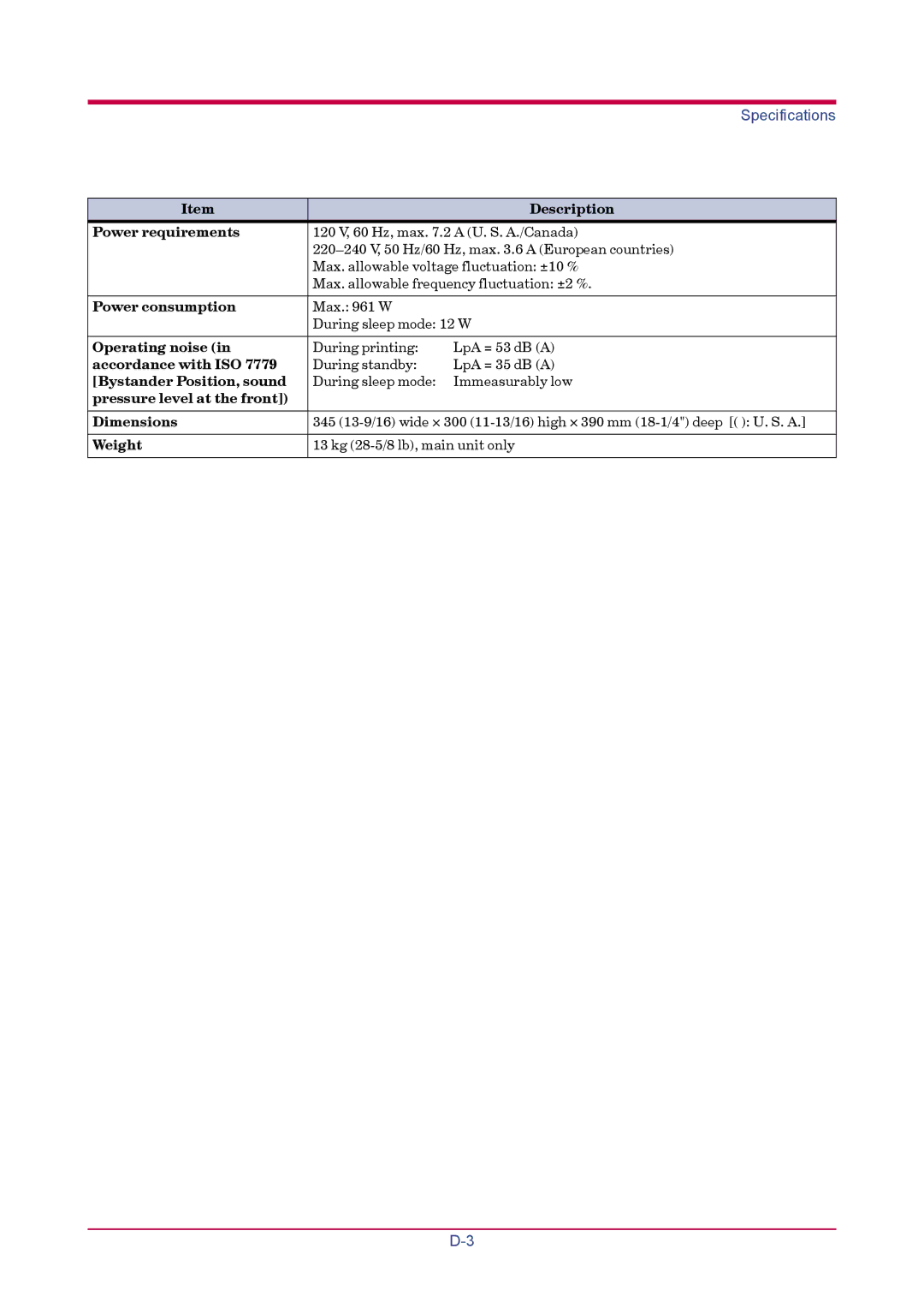 Kyocera FS-1900 Power requirements, Power consumption, Operating noise, Accordance with ISO, Bystander Position, sound 