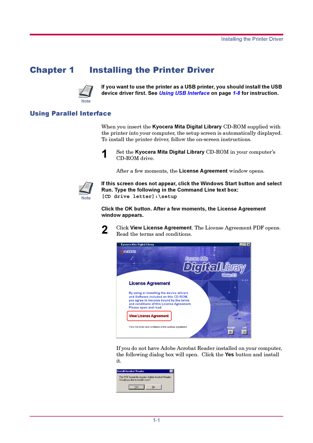 Kyocera FS-1900 manual Installing the Printer Driver, Using Parallel Interface, Window appears 