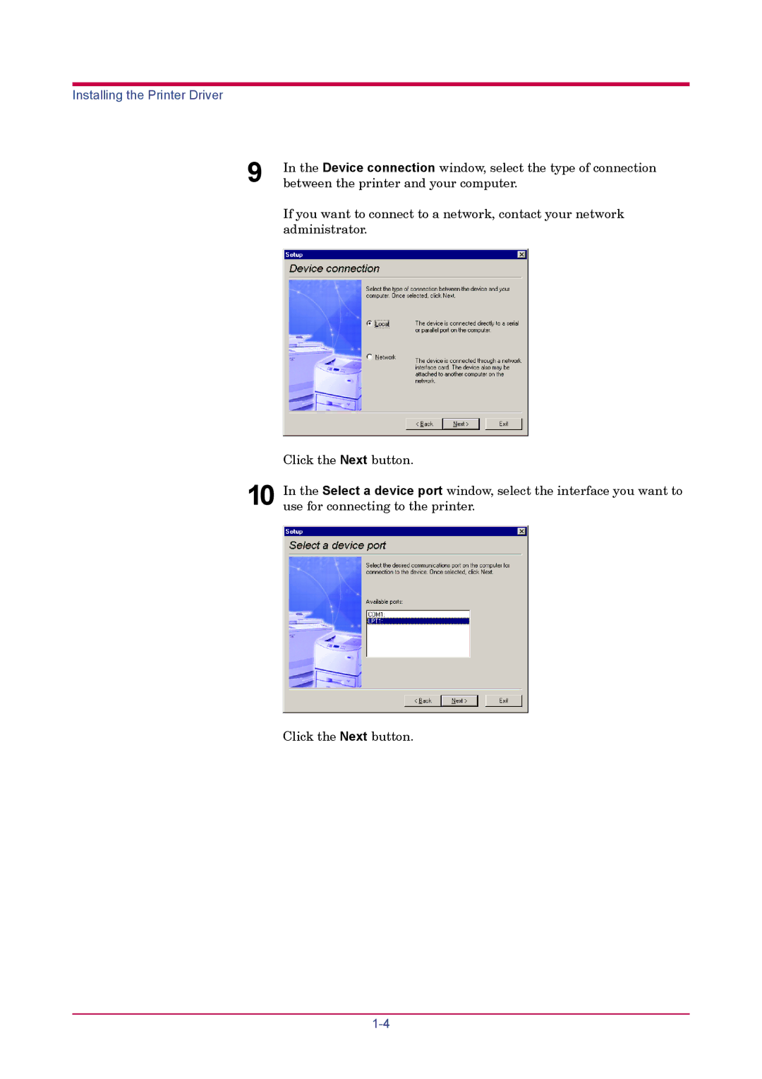 Kyocera FS-1900 manual Device connection window, select the type of connection 