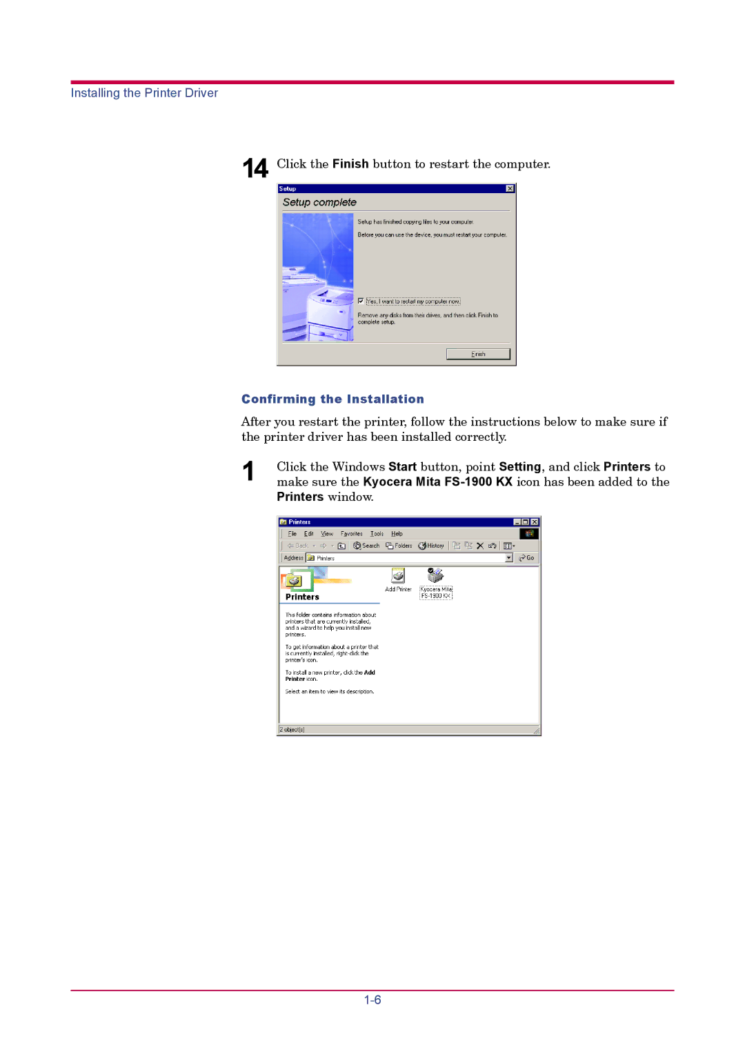 Kyocera FS-1900 manual Confirming the Installation, Printers window 