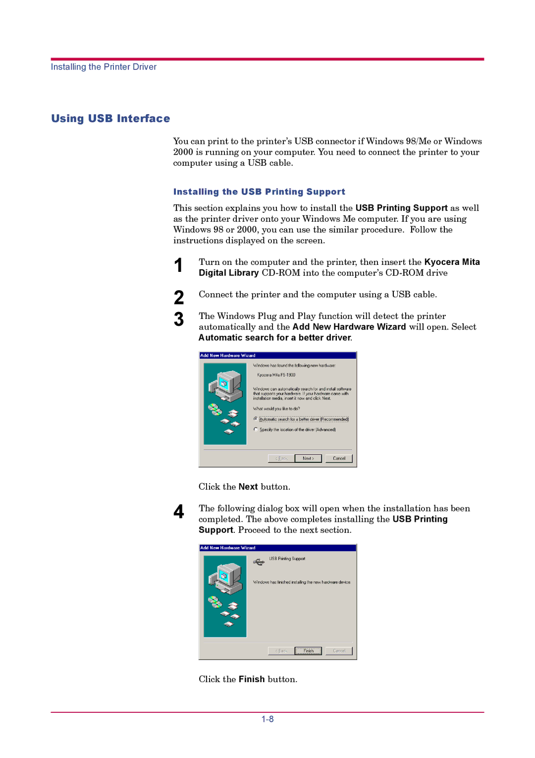 Kyocera FS-1900 manual Using USB Interface, Installing the USB Printing Support 