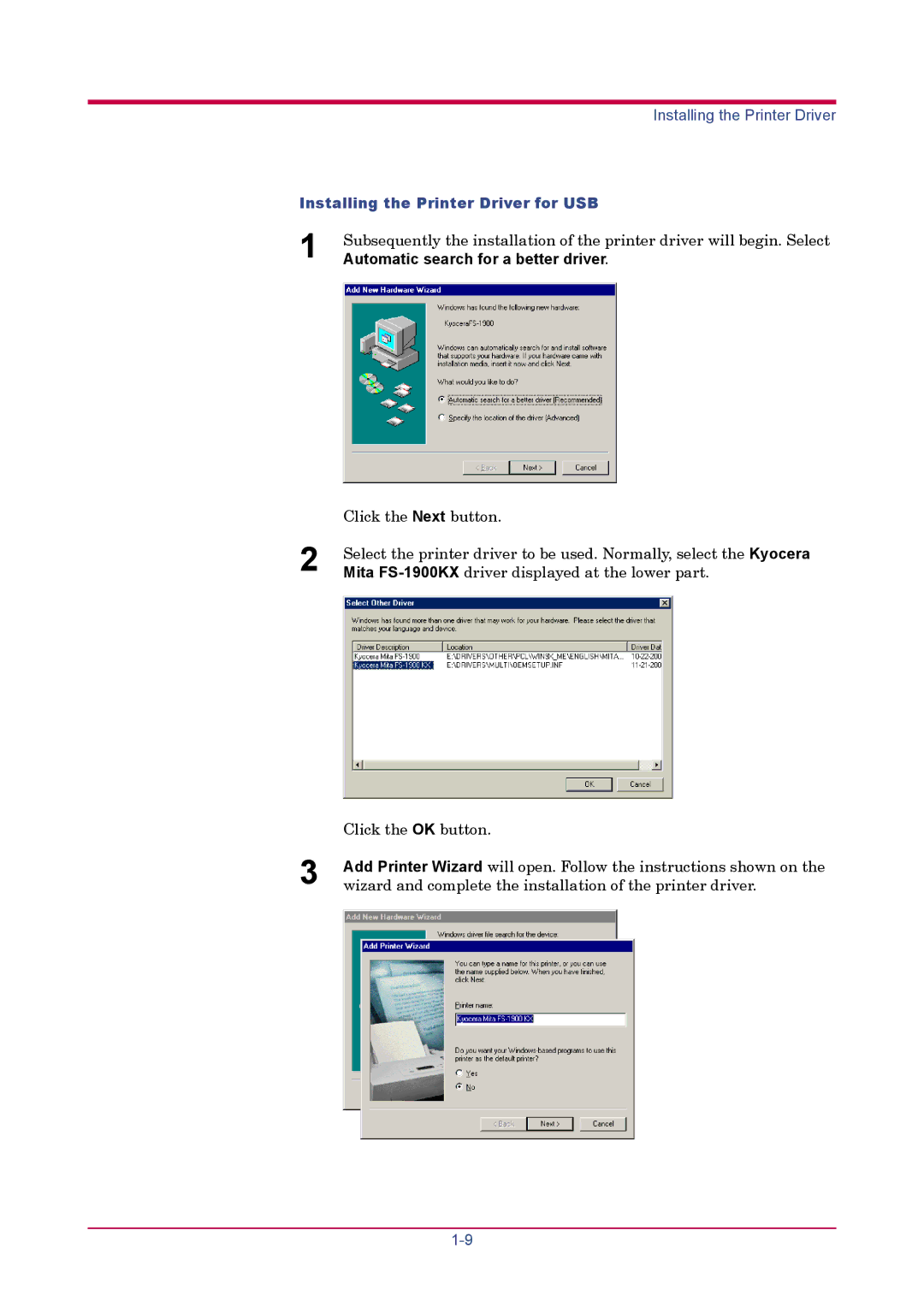 Kyocera FS-1900 manual Installing the Printer Driver for USB, Automatic search for a better driver 