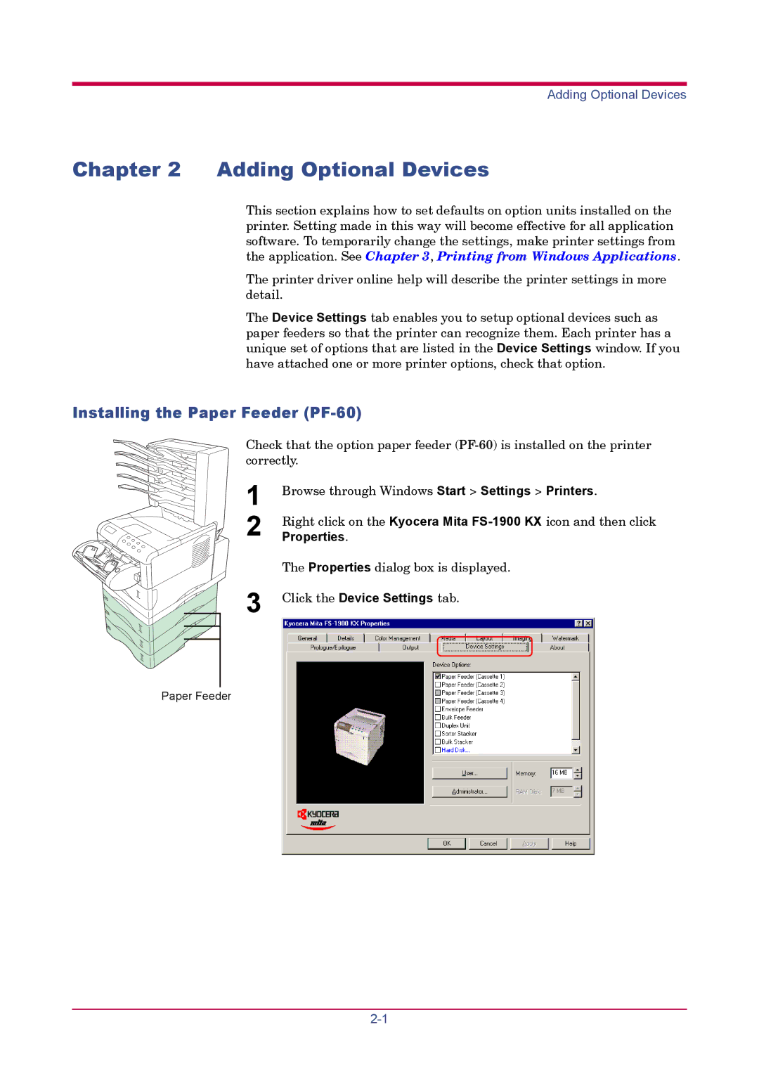 Kyocera FS-1900 manual Adding Optional Devices, Installing the Paper Feeder PF-60, Click the Device Settings tab 