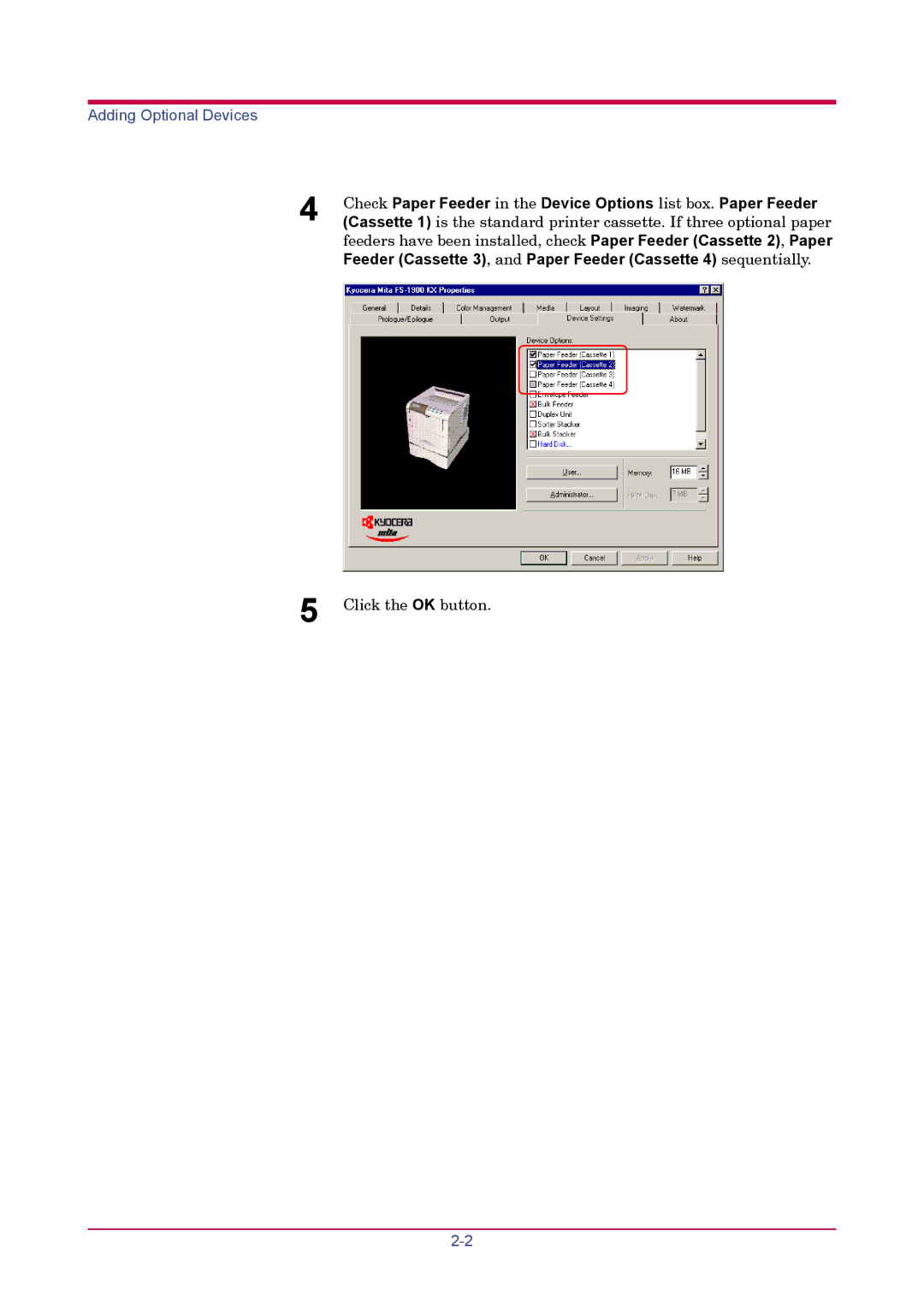 Kyocera FS-1900 manual Adding Optional Devices 