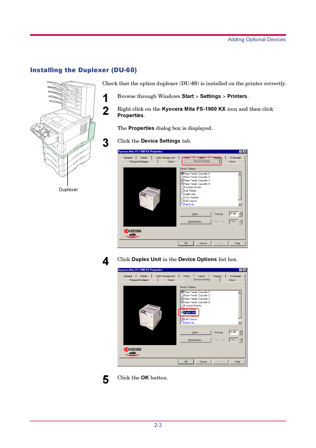 Kyocera FS-1900 manual Installing the Duplexer DU-60, Properties, Click Duplex Unit in the Device Options list box 