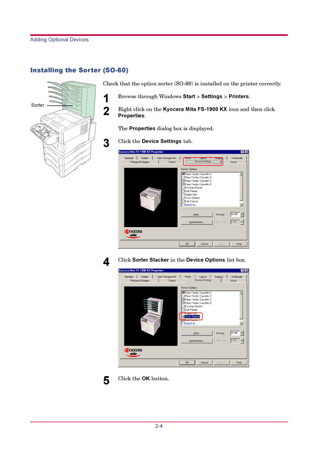 Kyocera FS-1900 manual Installing the Sorter SO-60, Click Sorter Stacker in the Device Options list box 