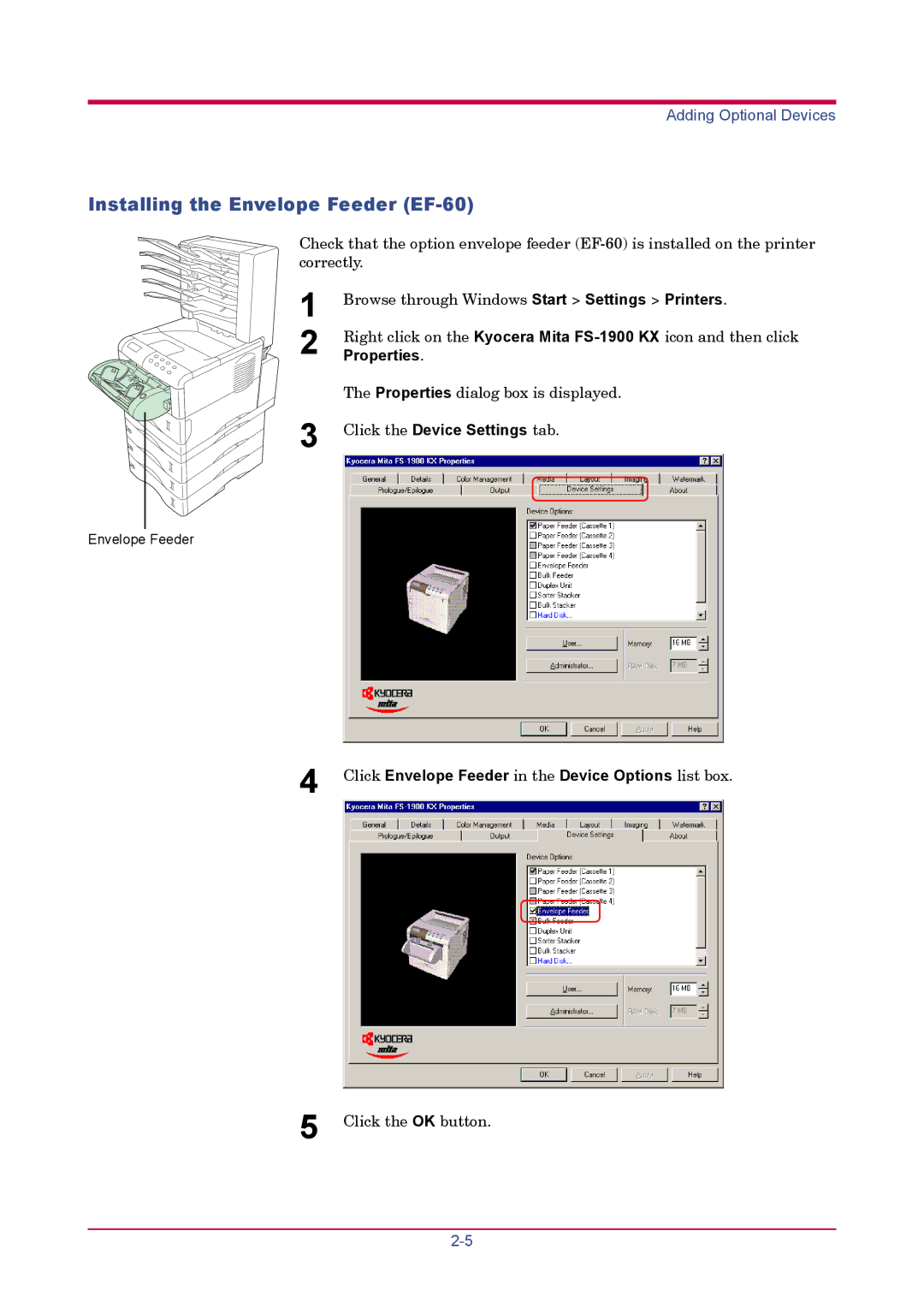 Kyocera FS-1900 manual Installing the Envelope Feeder EF-60, Click Envelope Feeder in the Device Options list box 