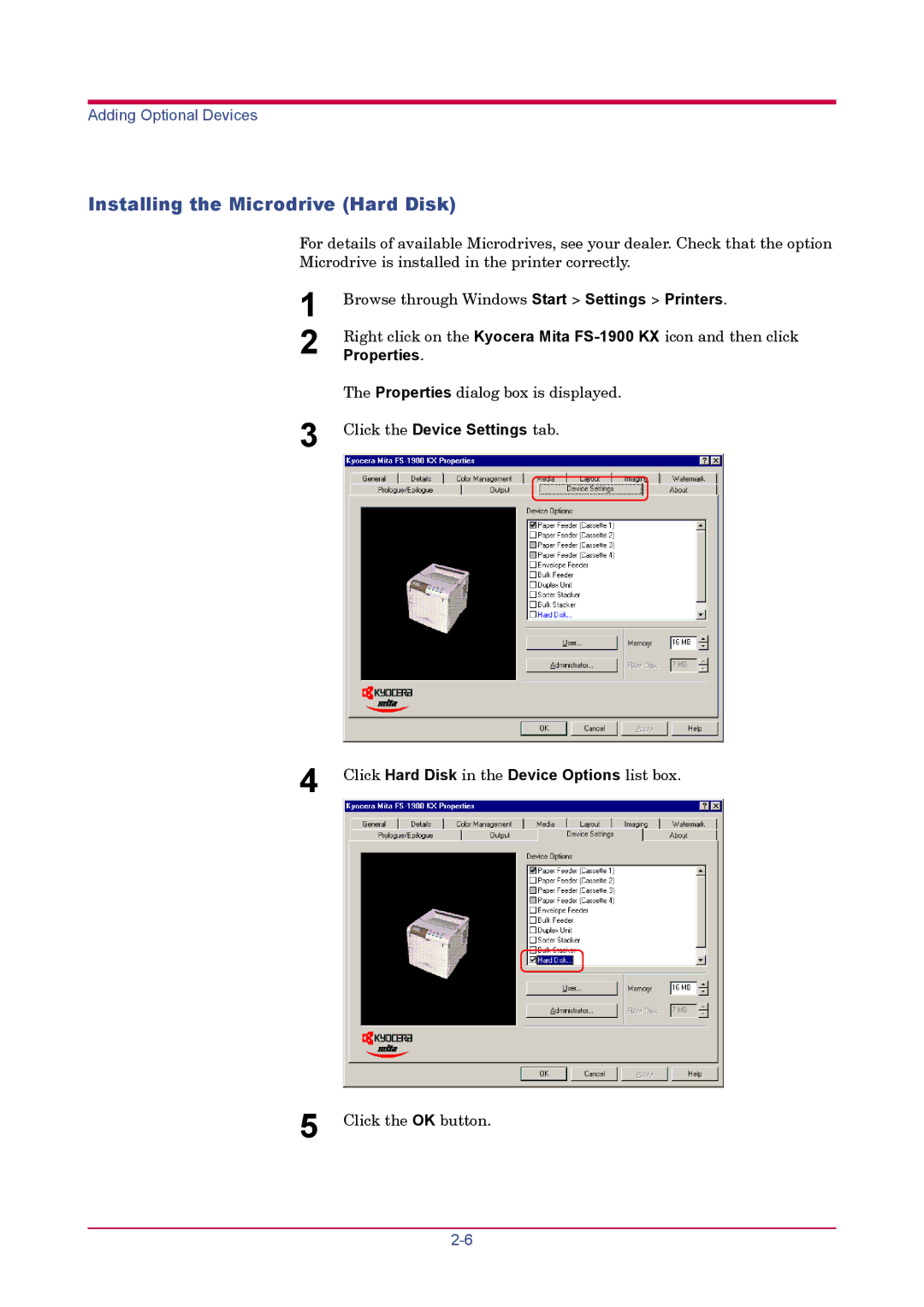 Kyocera FS-1900 manual Installing the Microdrive Hard Disk 