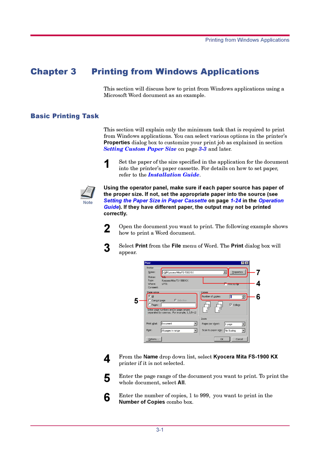 Kyocera FS-1900 manual Printing from Windows Applications, Basic Printing Task, Number of Copies combo box 